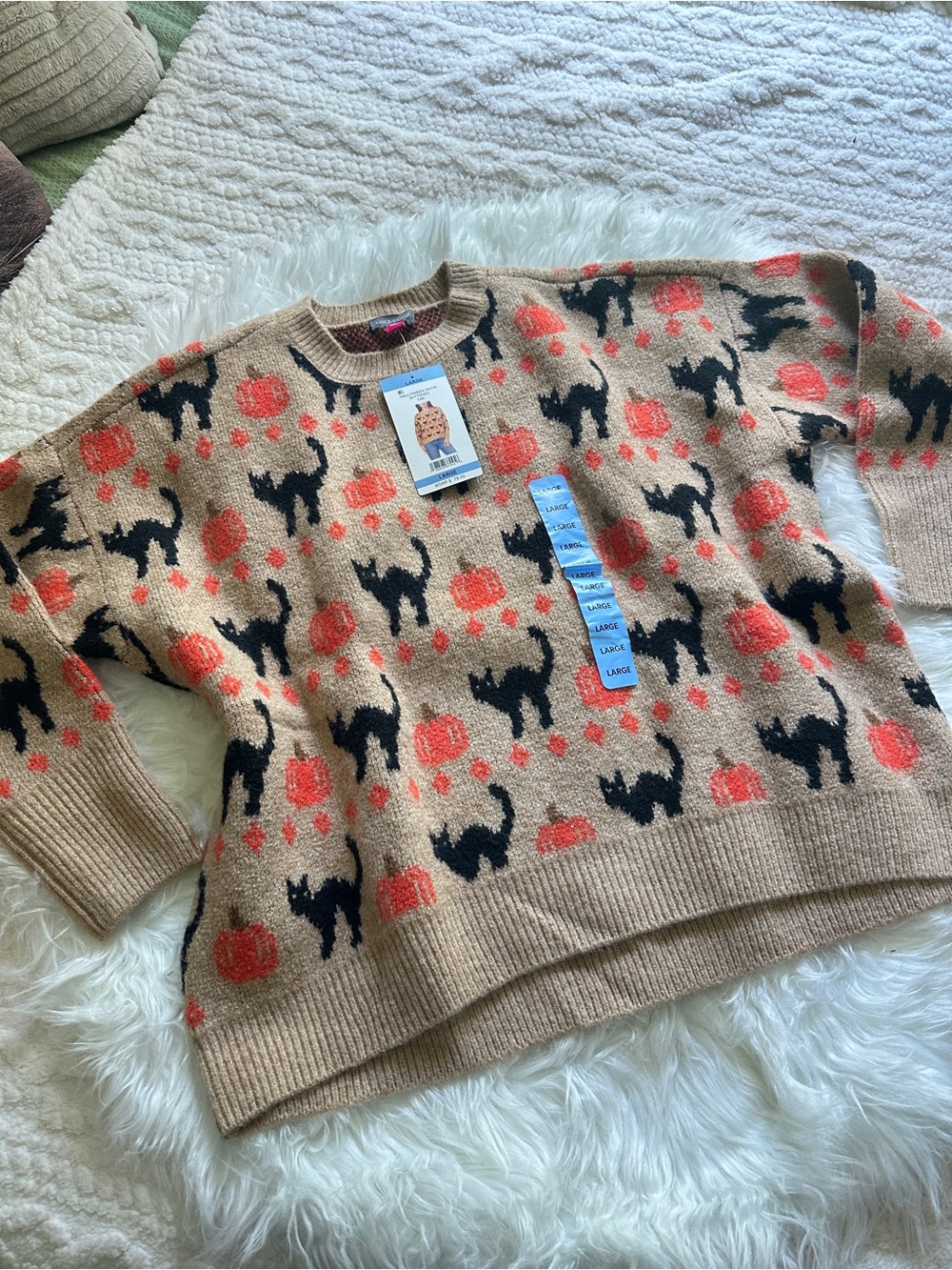 Cozy Tan Halloween Cat & Pumpkin Sweater